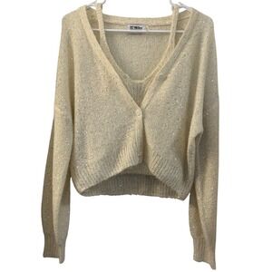 27 Miles Malibu Cream Sequin Cardigan & Tank Top Set Cropped V Neck Sparkle